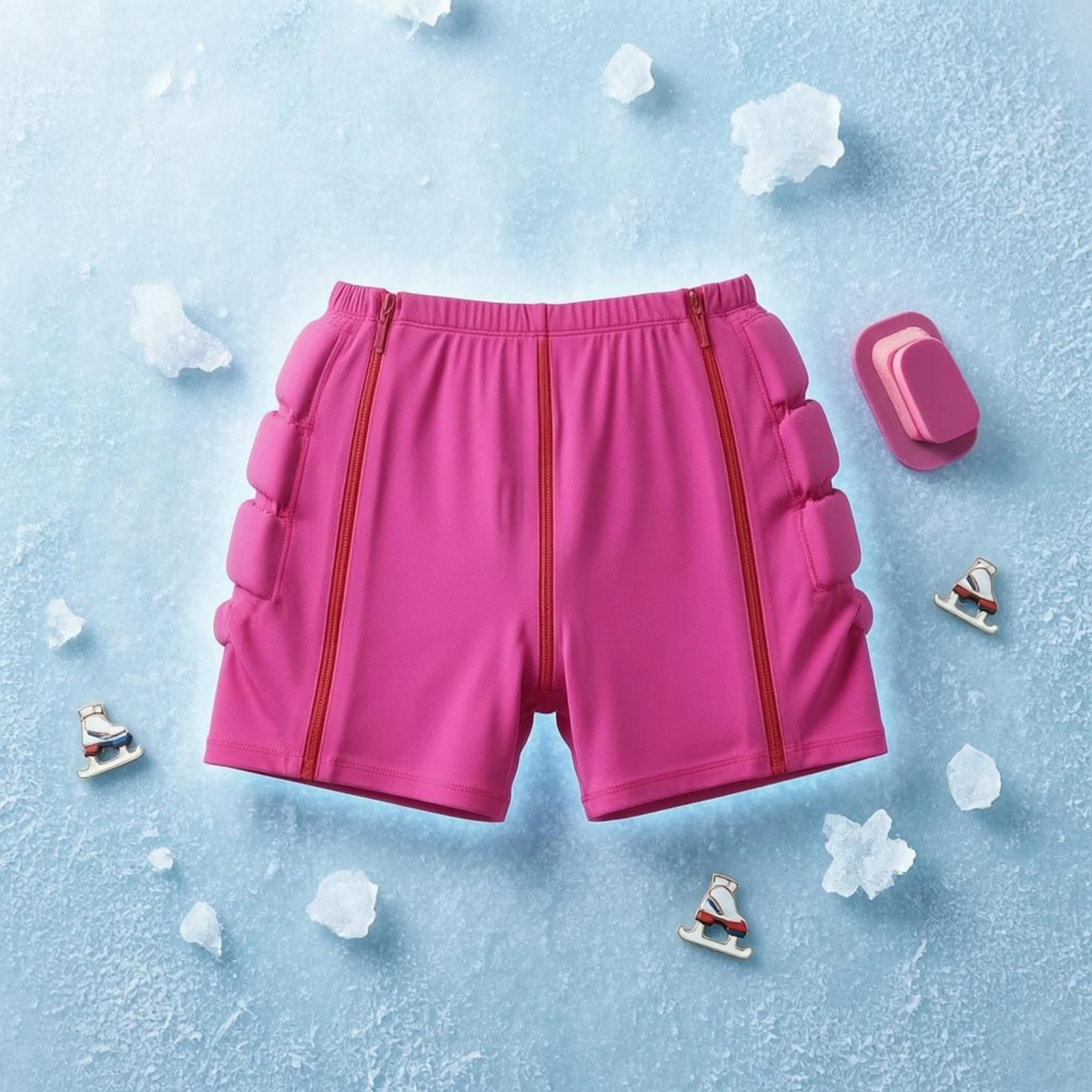 Ice Skating Shorts Sewn Panels Padded Safety Shorts Sports Gear Pink Sportswear Zip Front view 3
