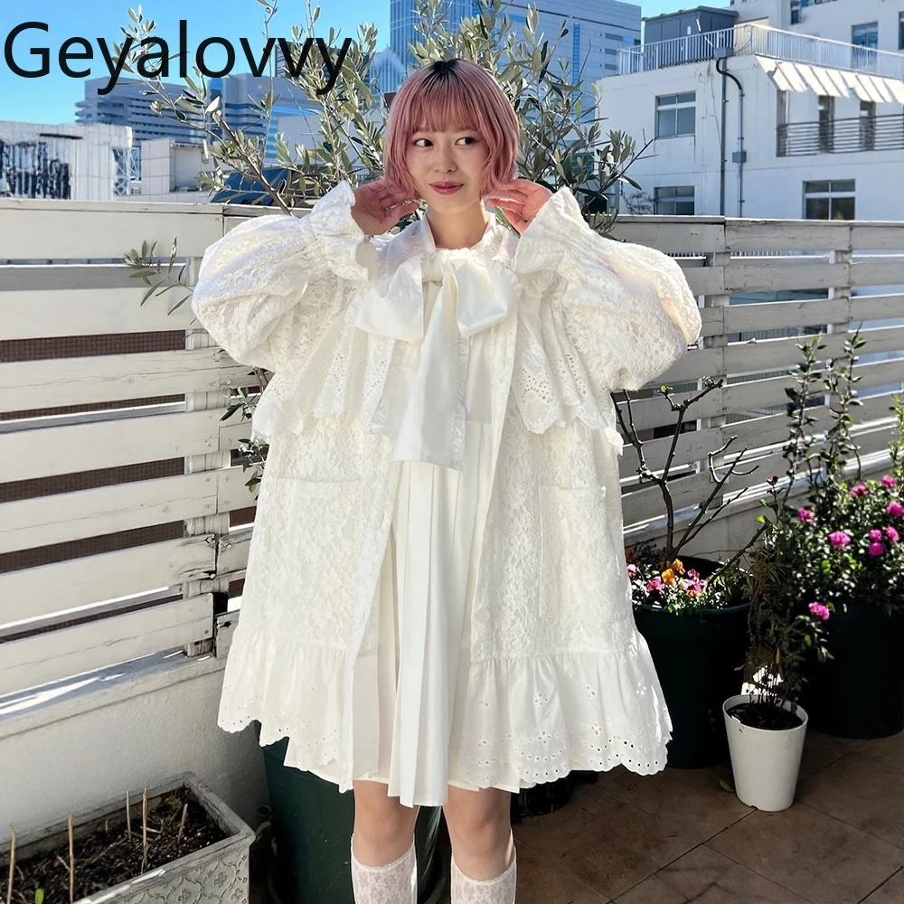

Japanese Style Casual Jackets Heavy Embroidery Lace Loose Coat Patchwork Long Sleeve Sweet Ruffle Collar Women's Cardigan Coats