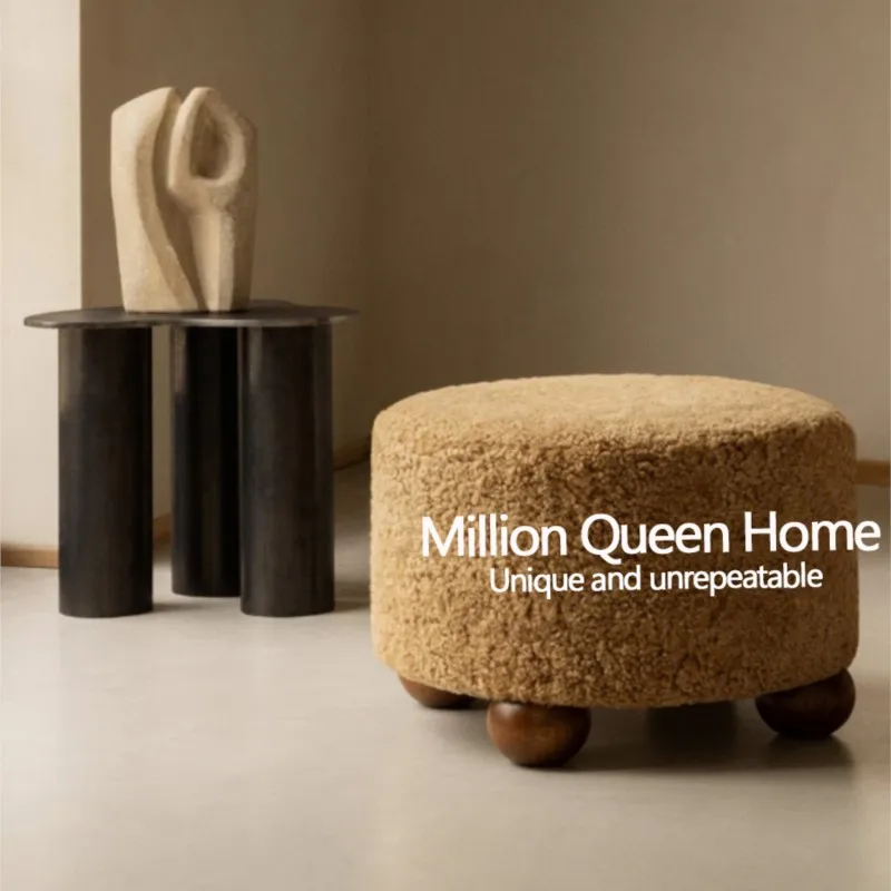 MOMO Medieval Cream-Lambskin Low Stool French Simple Design Cloth Shoe Changing Stool Household Designer Small Sofa Stool