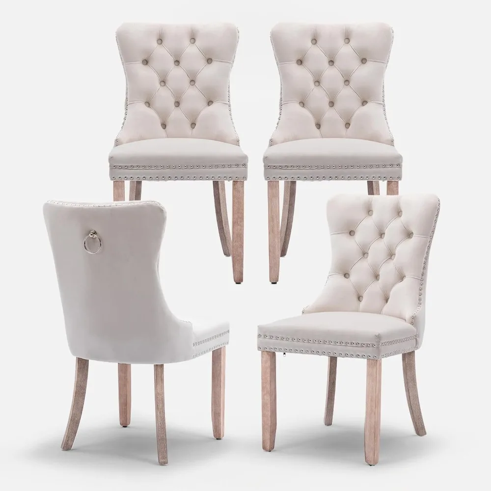 

A Set of Four Dining Chairs, Modern Style, Decorated with Nail Heads and Wooden Legs, Metal Pull Rings, Velvet Soft Cushions