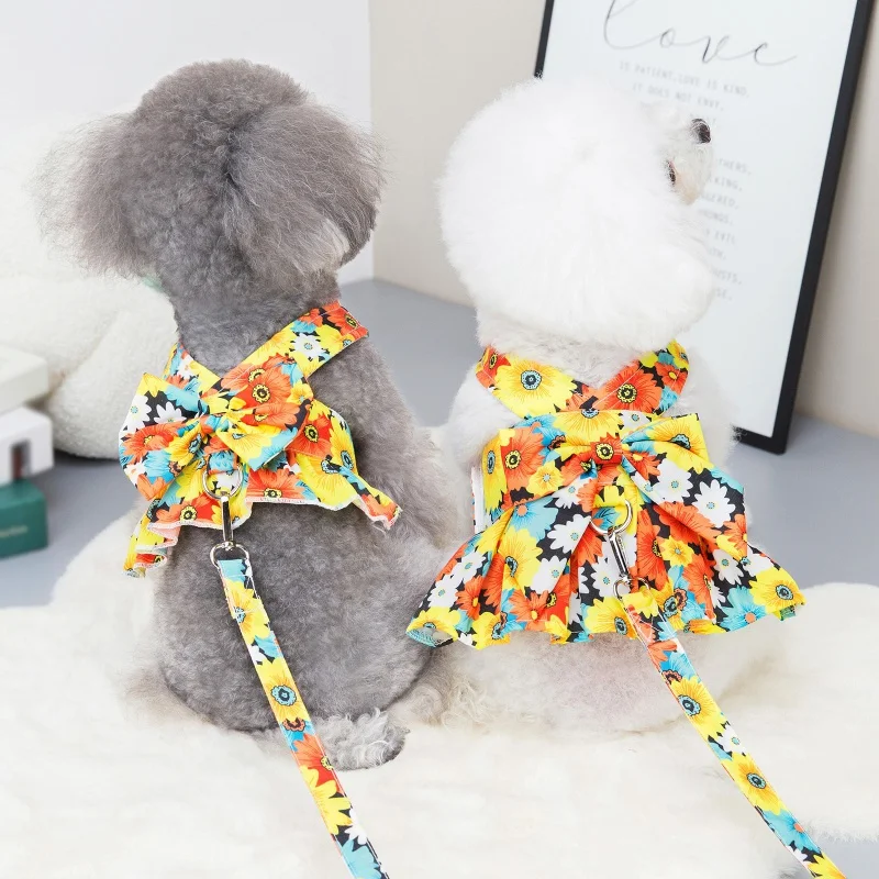 Spring and Summer Bow Dog Collar Skirt Pet Harness Puppy Clothes Princess Dresses Flower Printing Cute Harness Vest Breast Strap