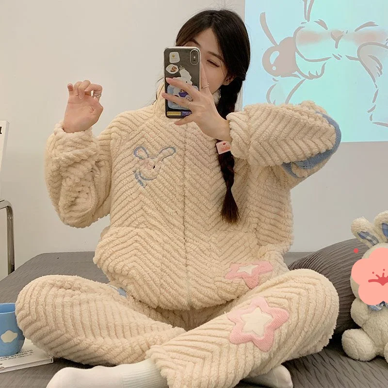 مجموعة الشتاء بيجامات نسائية تحافظ على الدفء من الصوف المرجاني ملابس نوم حلوة ولطيفة للطالبات بيجامة ملابس منزلية سميكة مبطنة بالصوف #1