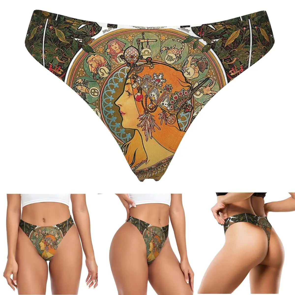 Zodiac (Original Version), By Alphonse Mucha (1896) ORIGINAL COLORS G-string Panties Women Stretch Thongs Comfort Underwear