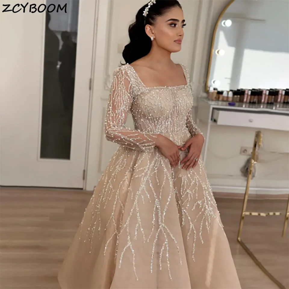 Vestido de novia de manga larga con cuello barco y cuentas de cristal de princesa de lujo personalizado, vestido de novia con cola de corte sin