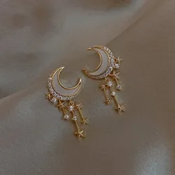Fashion Moon Stars Tassel Crystal Earrings Vintage Gold Color Geometric Zircon Earrings for Women Girl Party Jewelry Accessories