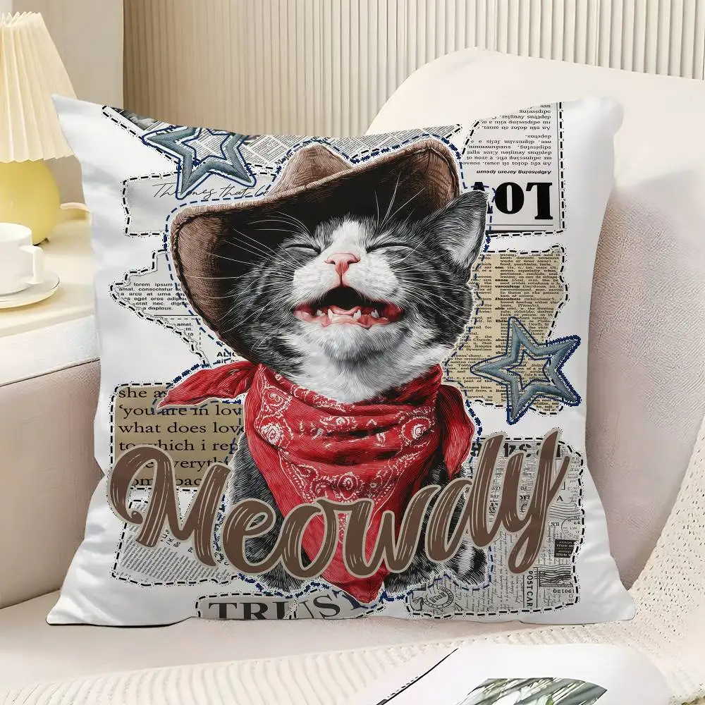 Cowboy Cat Throw Pillow Cover Neutral Decor Cushion Cover Soft Sofa Couch Bed Home Decor Pillow Case