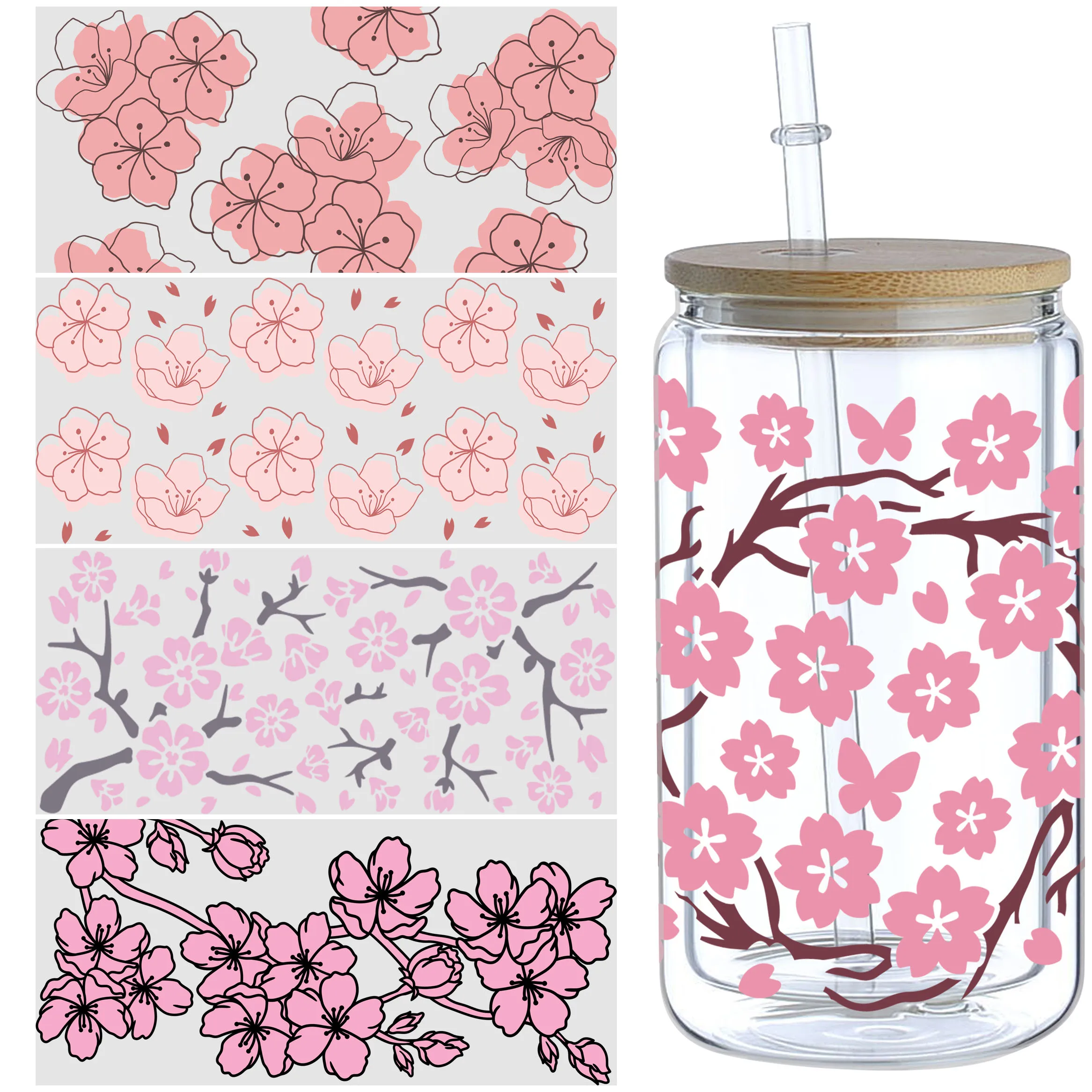 Sakura UV DTF pegatinas de taza, movimiento de vidrio, papel de transferencia de toallita impermeable para vidrio de 16 oz, tazas, 5 hojas