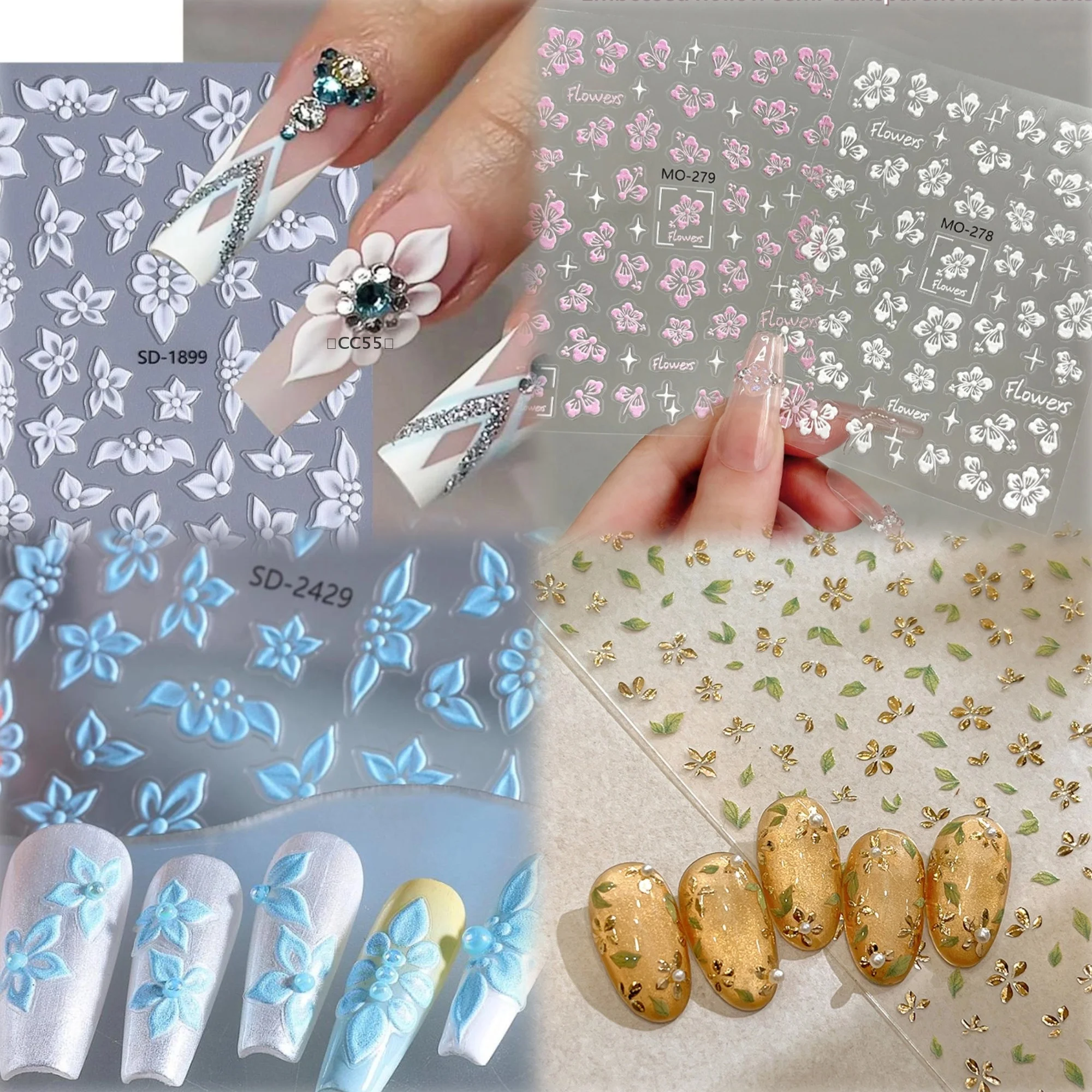 

〔CC55〕5D Embossed Flower Nail Stickers Elegant White Green Blue Petals Designs Acrylic Floral Adhesive Slider Decor