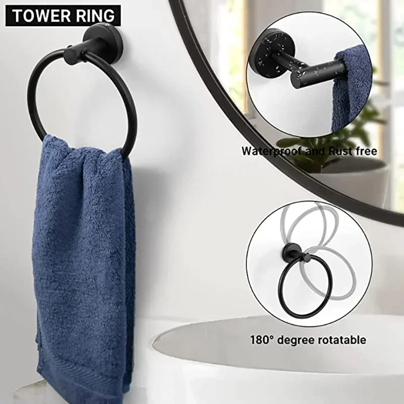 Juego de accesorios de baño de montaje en pared, color negro mate, barra de toalla de acero inoxidable, anillo de toalla, soporte de papel, gancho,