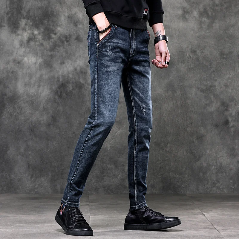 2024 New Men's Straight Slim Jeans High Street Casual Versatile Skinny Stretch Jeans Korean Fashion Streetwear Men's Clothing