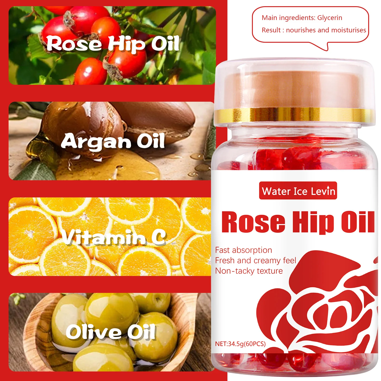 60 Pcs/Bottle Rose hip oil Capsules collagen Moisturizing Anti-aging Face Serum Spot Removing Skin care product New