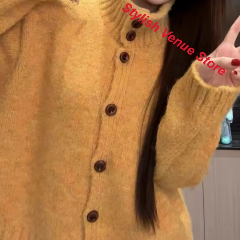 Korean lazy high-grade sweater women's autumn and winter loose thick single-breasted knit cardigan high-necked soft waxy sweater 5