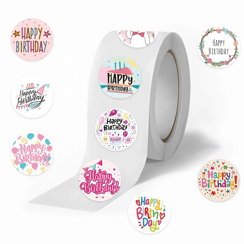 

500pcs/roll Cute Cartoon Happy Birthday Stickers Kids Gift Decor Stickers Luggage Laptop Guitar Phone Vinyl Decal(10 Patterns)