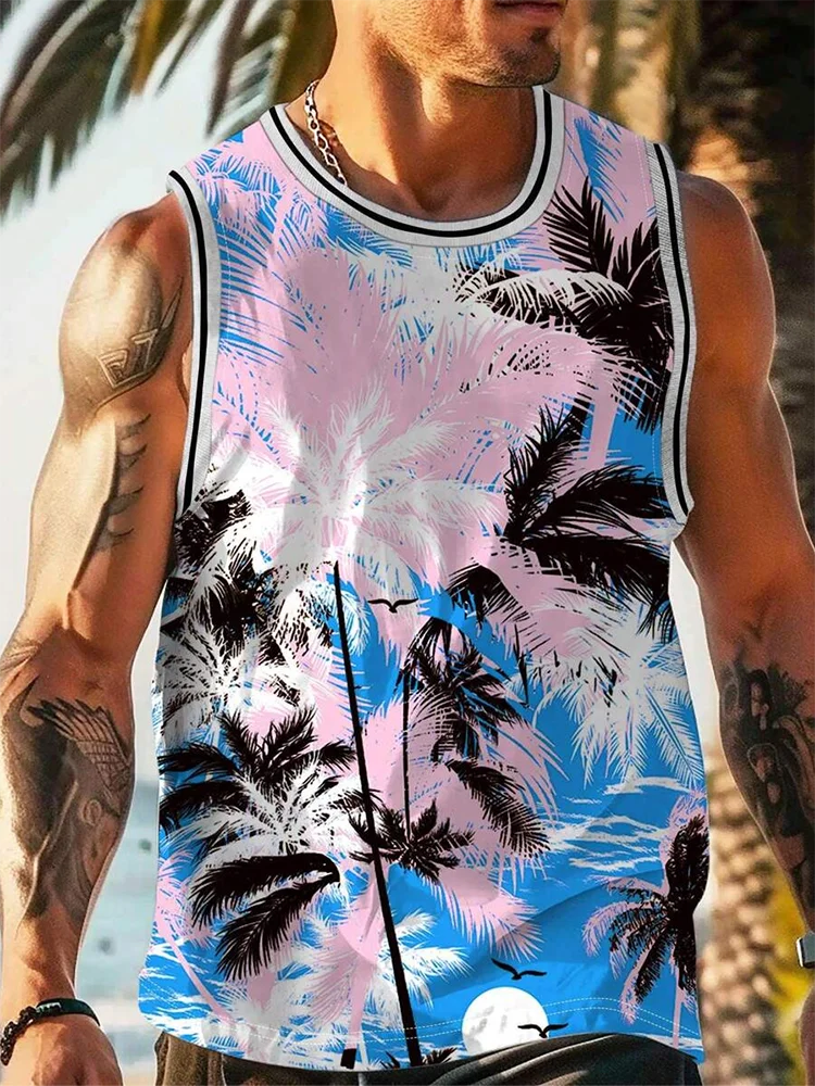 Hawaiian Style Palm Tree Tank Top For Men Summer Casual Sleeveless T-shirt For Men Holiday Beach Party Casual Top For Men