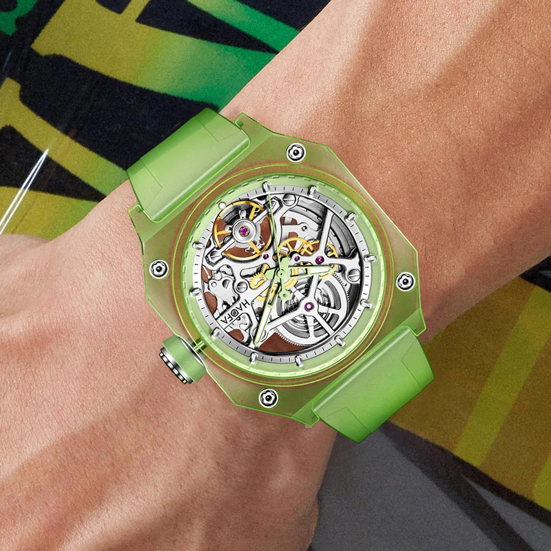 Haofa Crystal Transparent Automatic Watch for Men Luxury Hollowing Waterproof Luminous Mechanical Square Mens Watch Casual 2208