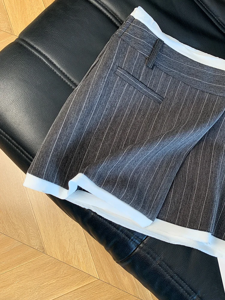 프랑스 빈티지 프레피 스타일 하이 웨이스트 a 라인 스커트 여성 우아한 비대칭 스트라이프 패치 워크 디자인 짧은 스커트 한국 세련된