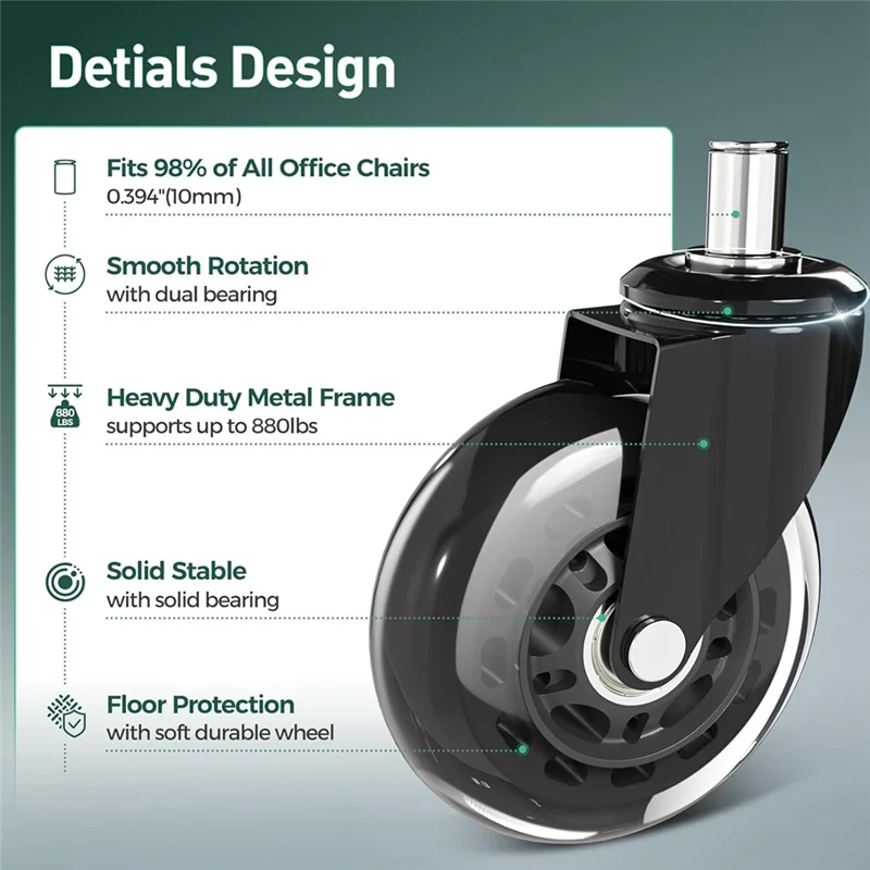 

5 шт. колеса для офисного стула, модернизированные сверхмощные ролики для игровых стульев, 4,5-дюймовые гладкие и тихие резиновые колеса