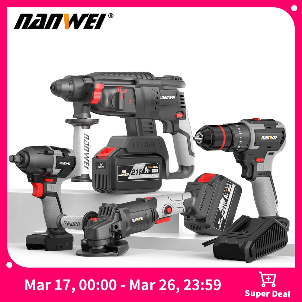 NANWEI Tool Set 4-Piece Cordless Brushless Drill Electric Screwdriver/Hammer Drill/Electric Wrench/Angle Grinder