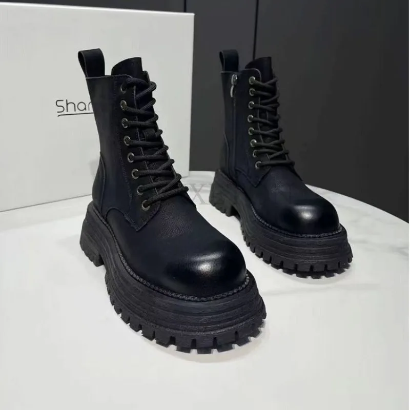 Thick Bottom Stitching Short Boots with Flat Bottom Tie Up Handsome Motorcycle Boots British Style Fashionable and Versatile