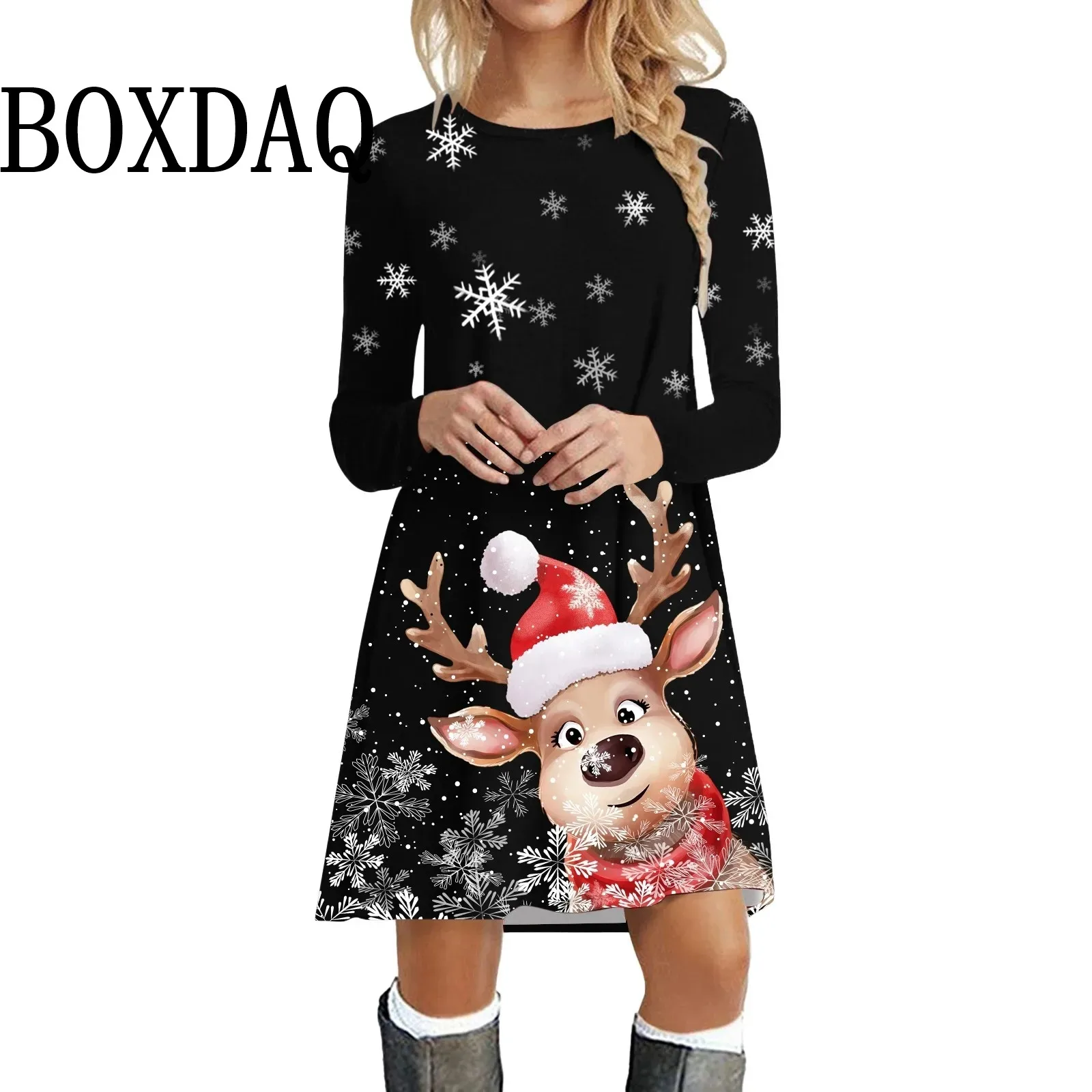 Vestido casual de moda para mujer, manga larga, estampado de cristal navideño, cuello redondo, fiesta, Navidad, copo de nieve, vestidos de fiesta de Navidad, ropa