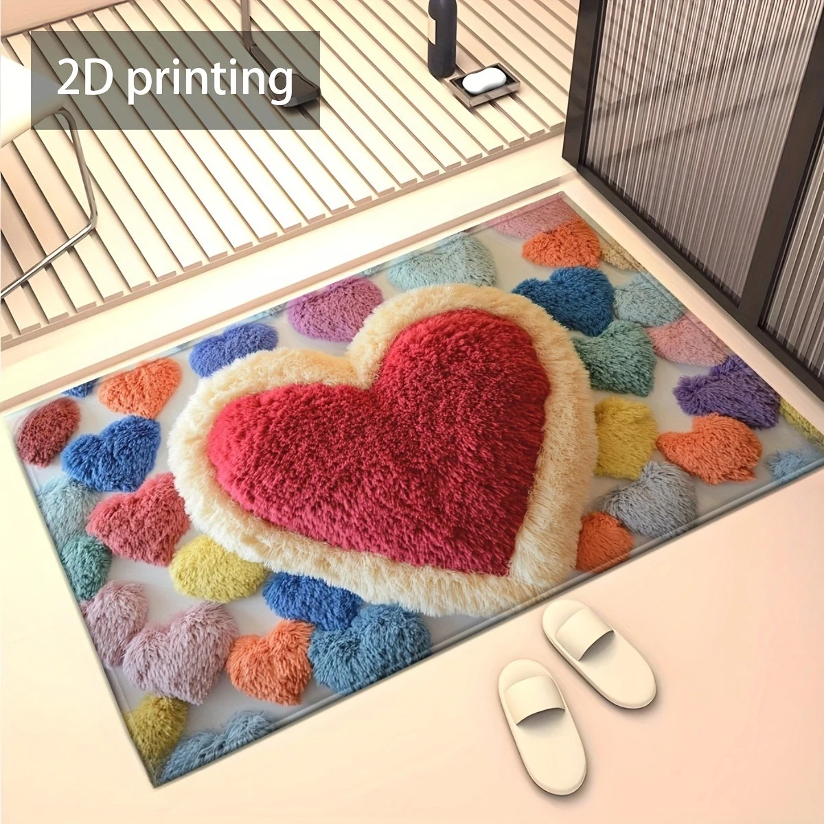 2D Plüsch Regenbogen-Herz Badematte, Bunter Liebes-Print Rutschfester Badezimmerteppich, Niedliche Kawaii-Style Willkommensmatte Fußmatte Bodenmatte