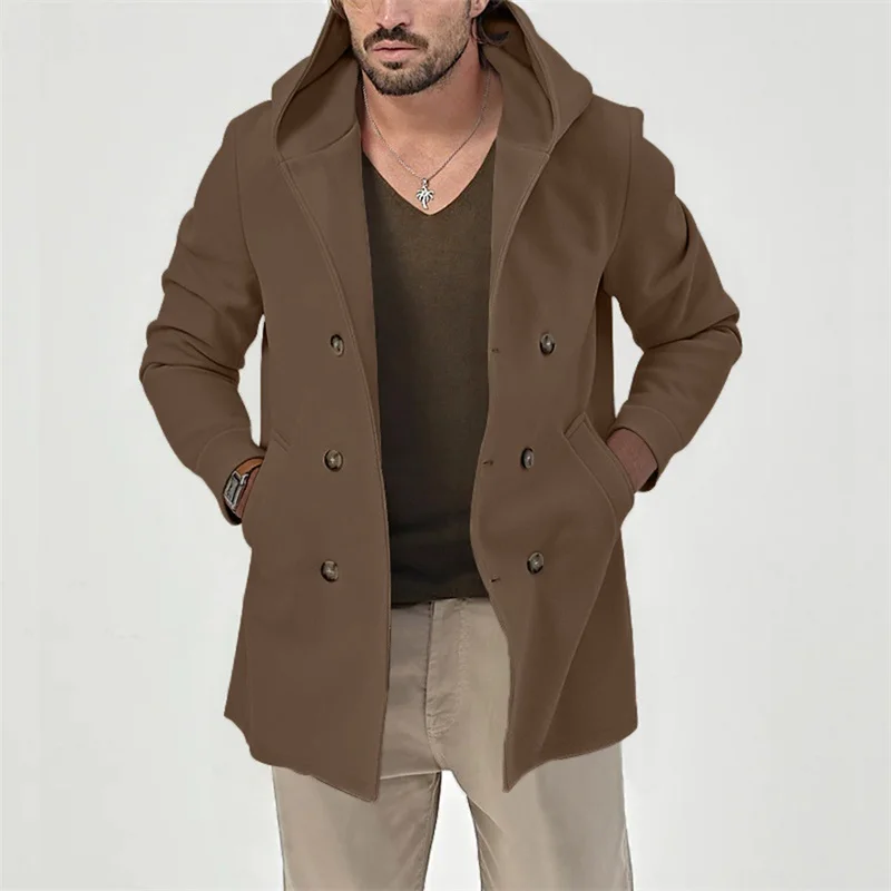 Men s Classic Double Breasted Trench Coat with Hooded Windbreaker Lapel Jacket Overcoat in Oversized Casual Style