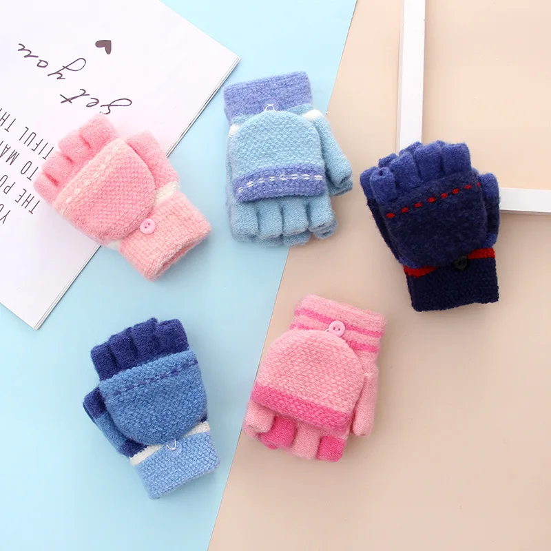 Cute Kid Gloves 5-12Y Winter Warm Hippocampus Knit Boy Girl Children Gloves Mix Color Half Finger Flip Cover Outdoor Mittens for