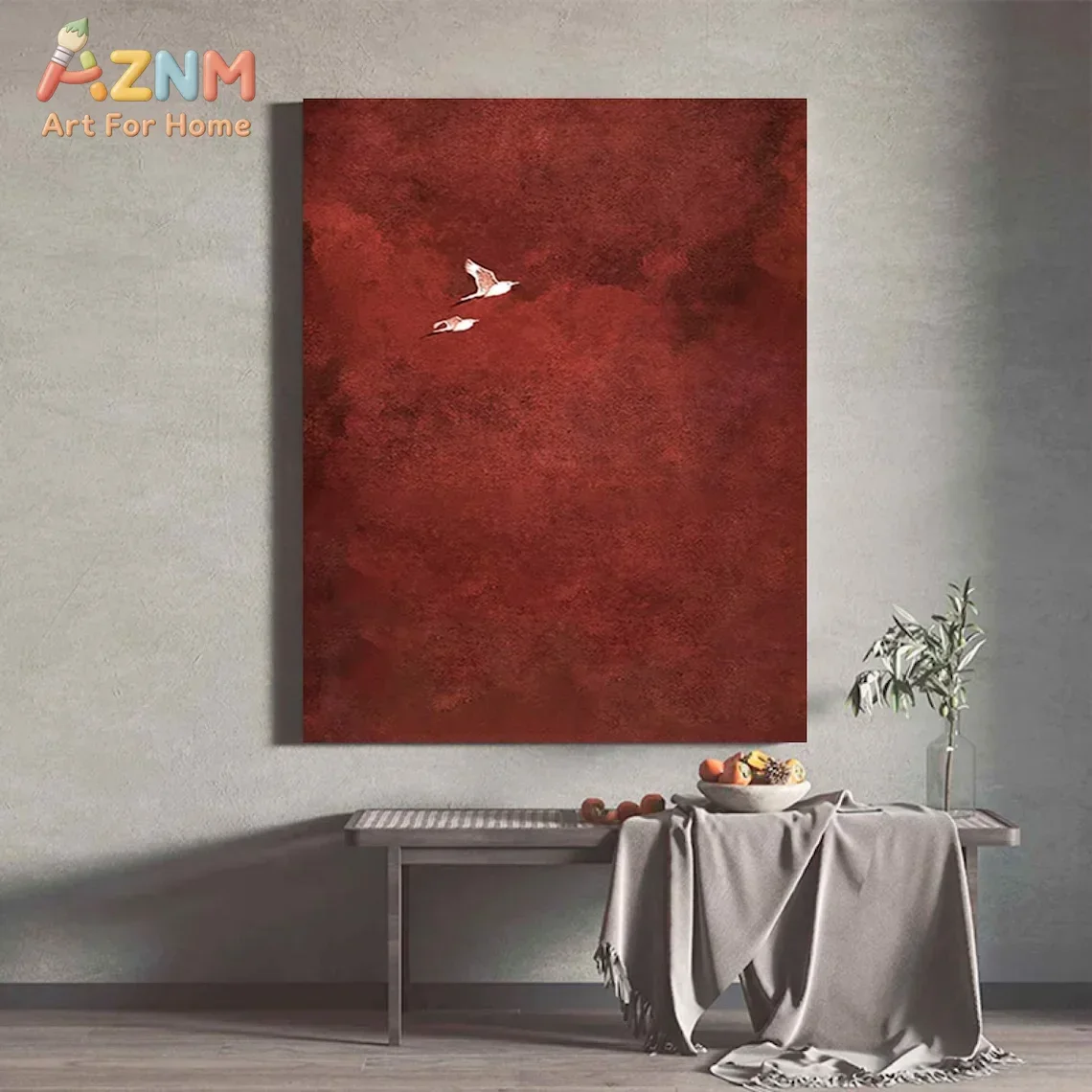 AZNM Deep Red Texture Background Flying Birds Canvas Wall Art, Minimalist Abstract Aesthetic Bird Print, Retro Oriental Style Po