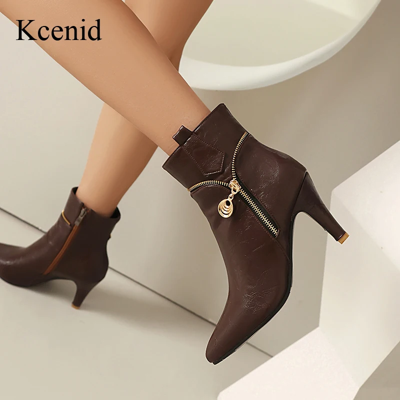 

Kcenid Concise High Heels Ankle Boots For Women Zipper Metal Decoration Thin Heel Fashion Street Style Pointed Toe Modern Boots