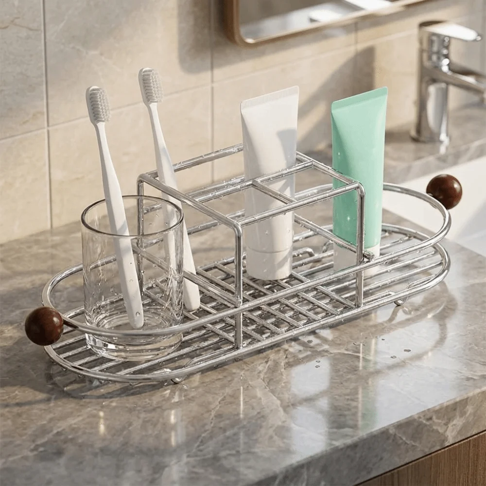 Durable Stainless Steel Toothbrush Holder Quick Dry Rustproof Toothpaste Rack Space Saving Waterproof Mouthwash Cup Rack Kitchen