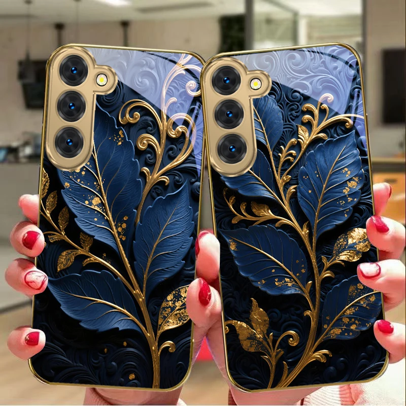 Deep blue toned leaves For Samsung Galaxy S26 S20 FE S21Plus S22 23 Plus S24 Ultra S25 S21+ S9+ 22Plus Golden glass phone case
