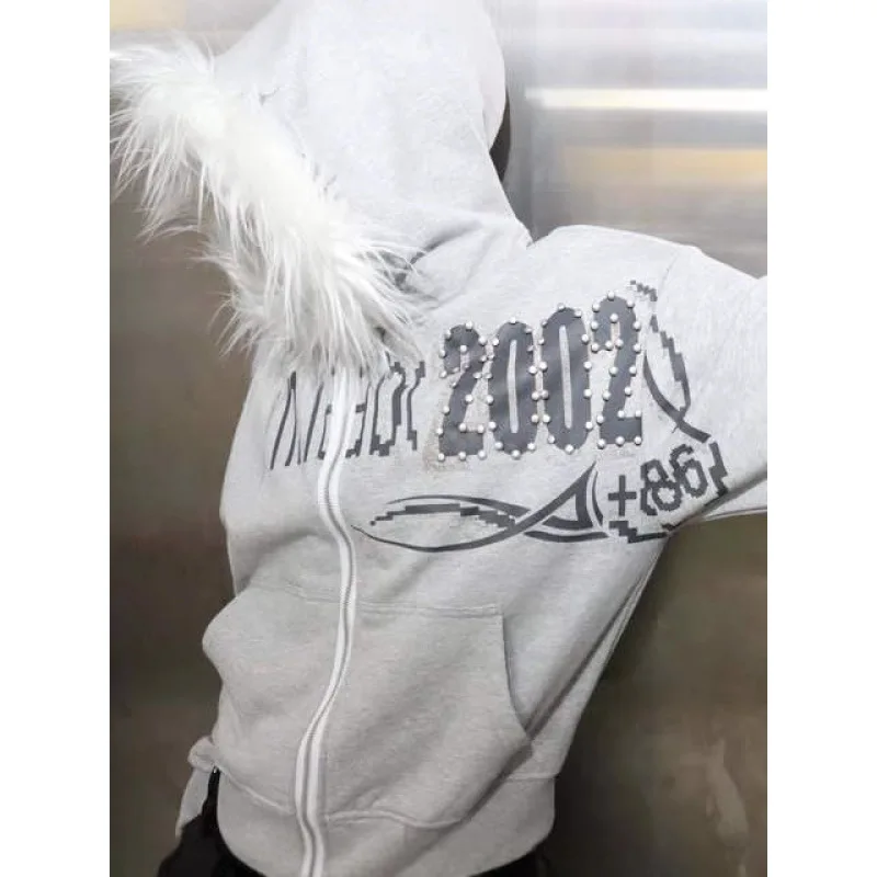 เสื้อแจ็คเก็ตมีฮู้ดคอขนสัตว์ทรงหลวมสไตล์ยุโรปและอเมริกา ย้อนยุค สตรีทแฟชั่น Y2K