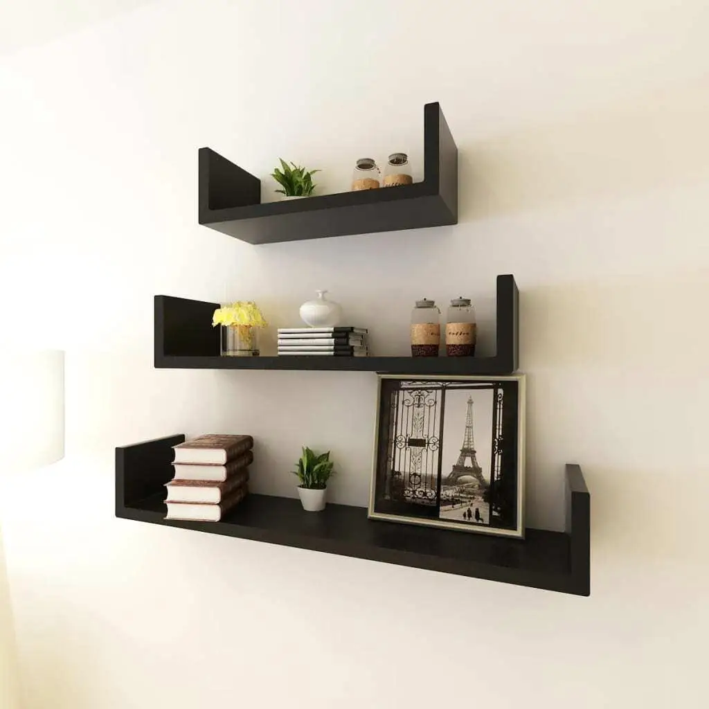 

3 Black MDF U-Shaped Floating Shelves for Wall - Stylish Book/DVD Storage Solution