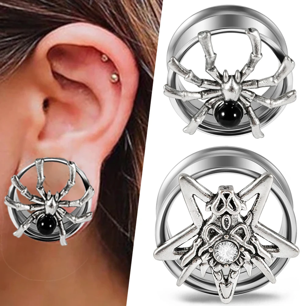 Spider&Star Zircon Ear Gauges Stainless Steel Ear Tunnels Internal Thread Double Flared Expander Stretcherd for Ears Piercing