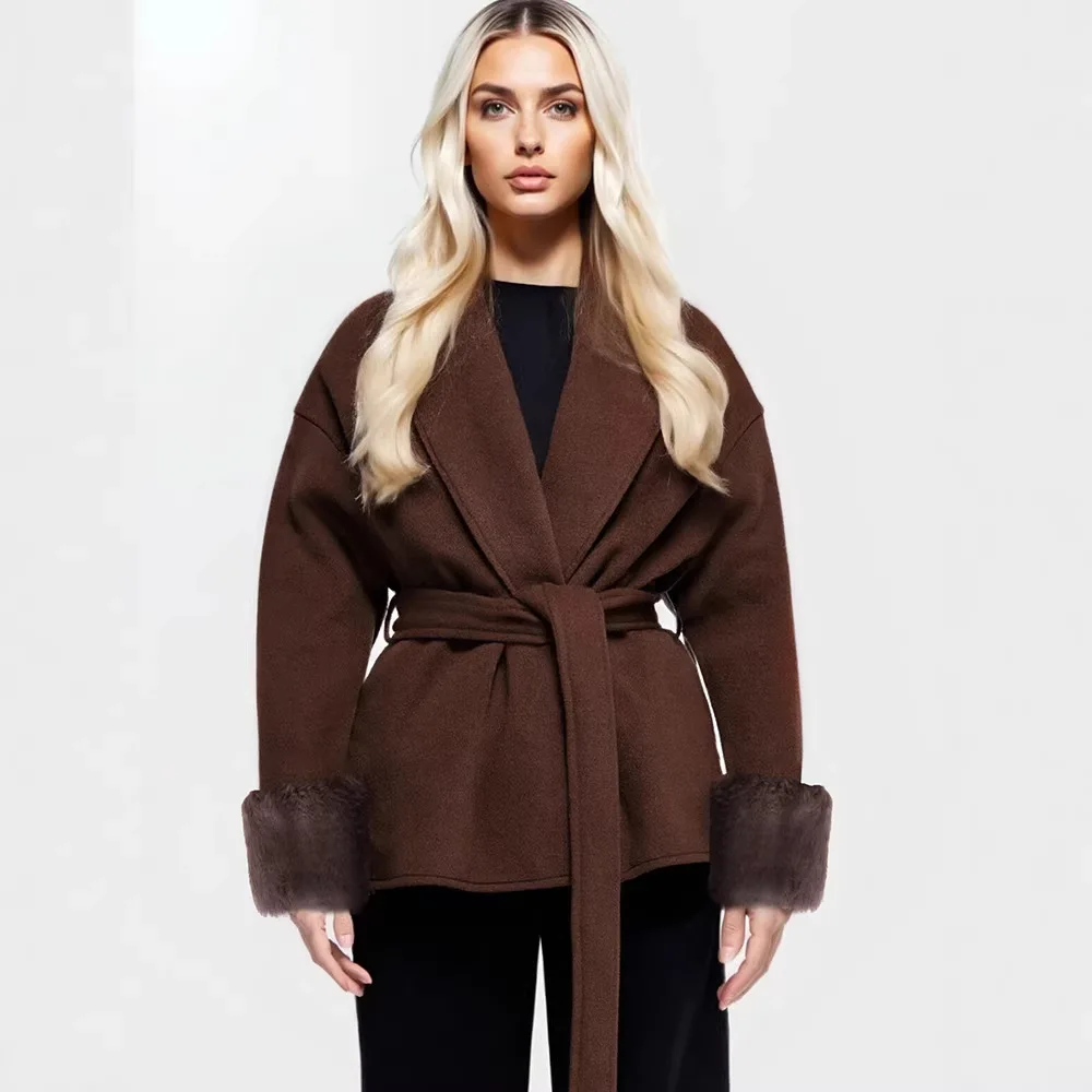 Autumn and winter popular women' clothing in Europe and America, woolen coat temperament fashionable lace-up waist and thin coat