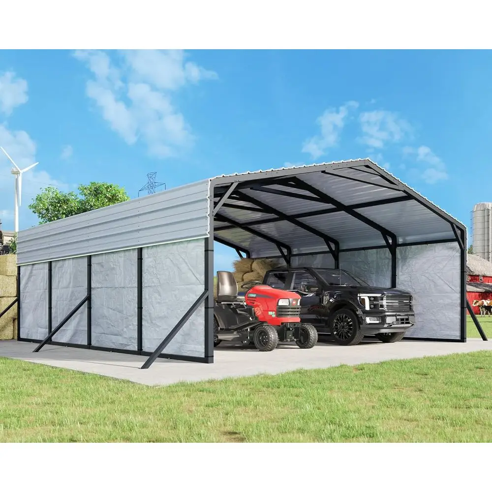 

20x20 T Heavy Duty Metal Carport, All-Weather Car Carport with Waterproo Removable Sidewall, Galvanized Steel Roo & Reinorced Ba
