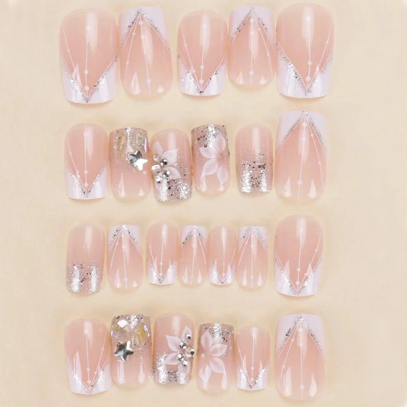 24PCS Square Press Nail White French Pointed Fake Nail with Flash Design, Fully Covered Acrylic Fake Nail