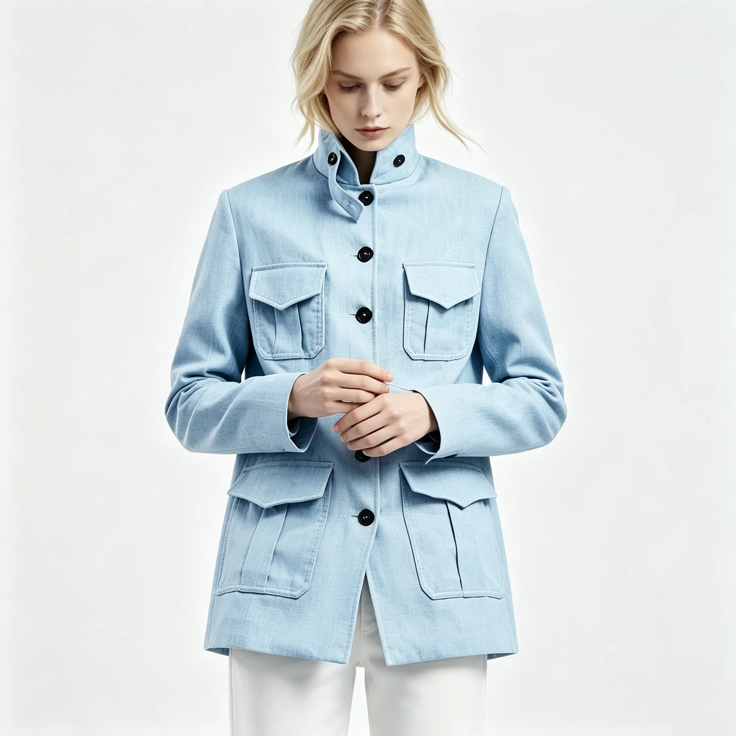 PUAL  Women Linen Safari Jacket 2026 Stand Neck Multi Pocket Button Down Light Blue Casual Outerwear