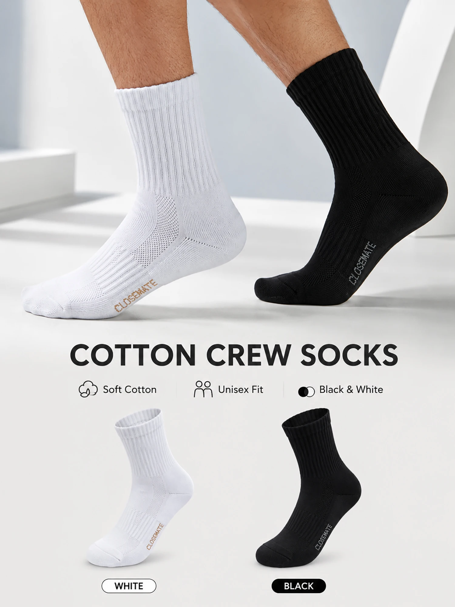 1/4/6 Pairs Unisex Cotton Mid Calf Socks Black White Solid Breathable Cushioned Crew Casual Business Office Daily Gift Box