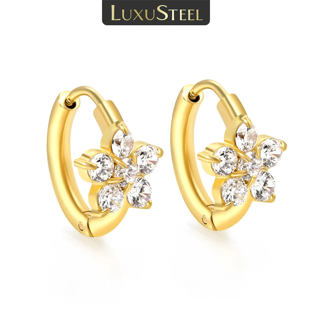 LUXUSTEEL Flower Shape Metal Hoop Earrings Crystal Stainless Steel Stud Earrings for Women Girls Female Earring Jewelry