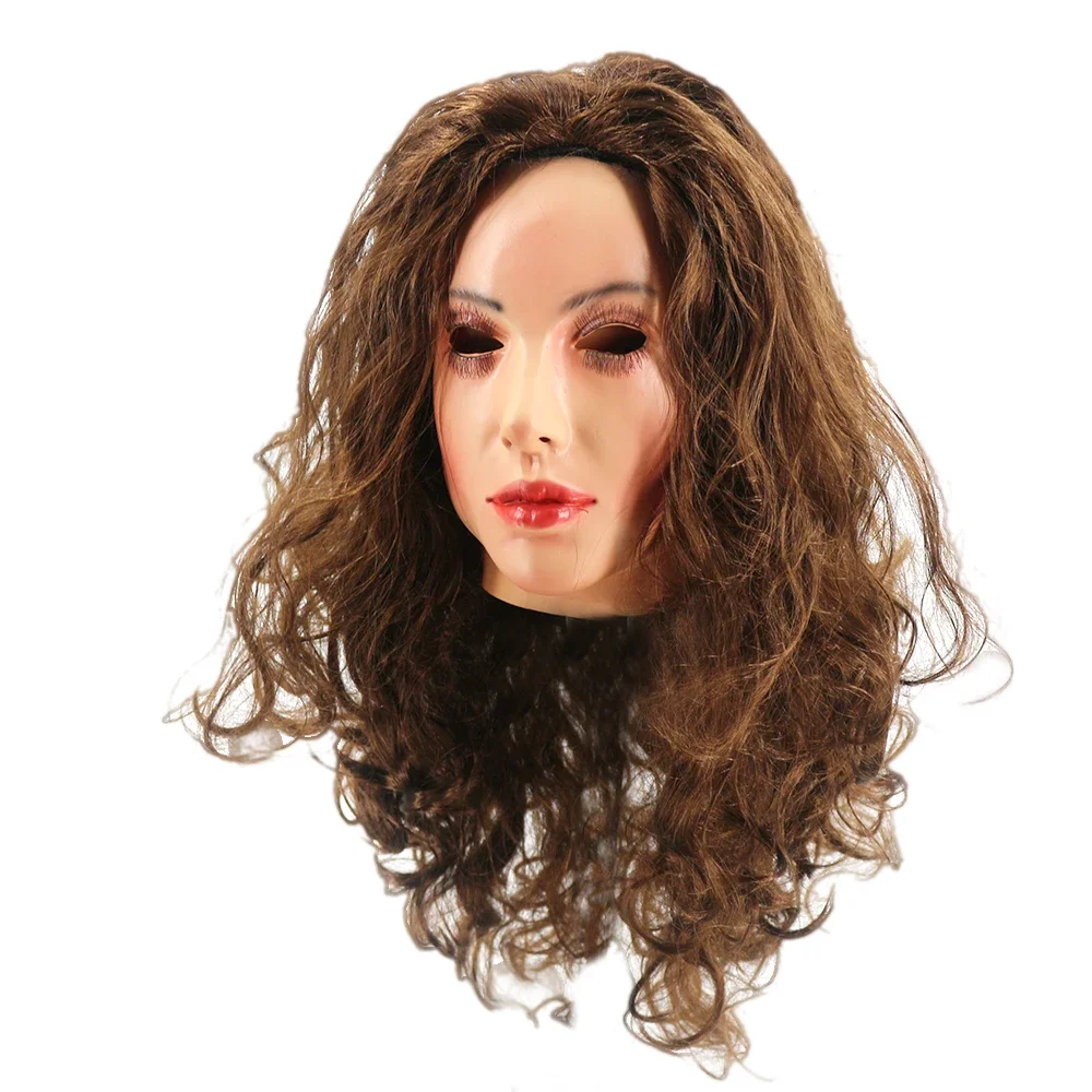 Realistic Latex mask Female Woman Face Halloween Latex Mask with Wig Lady Crossdressing Sissy Transgender Costume 4
