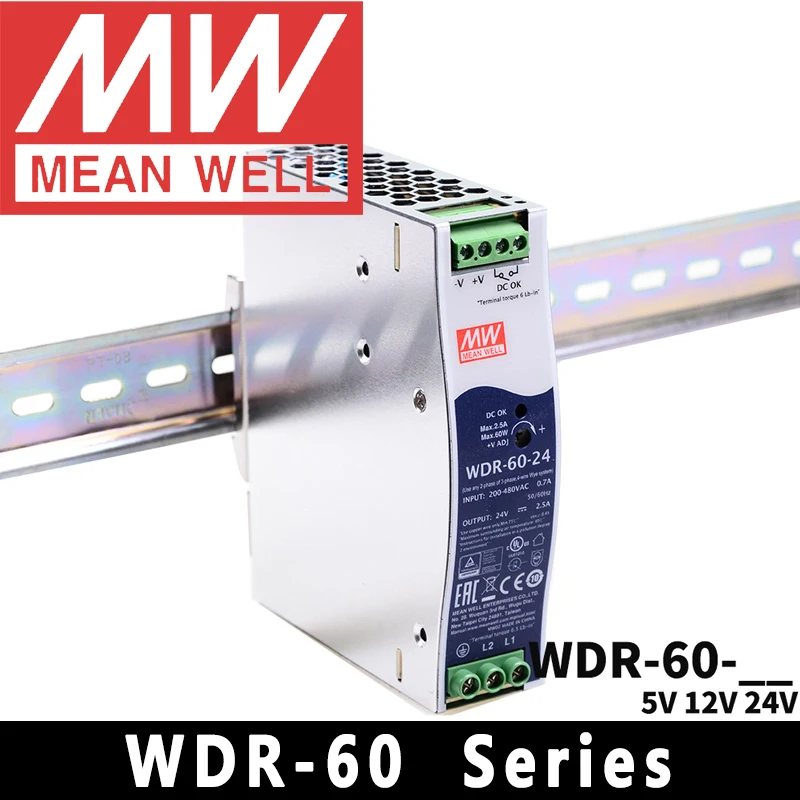 Mean Well WDR-60-5/12/24/48 meanwell AC/DC 5V/12V/24V 60W Ultra Wide Input Industrial DIN RAIL Power Supply