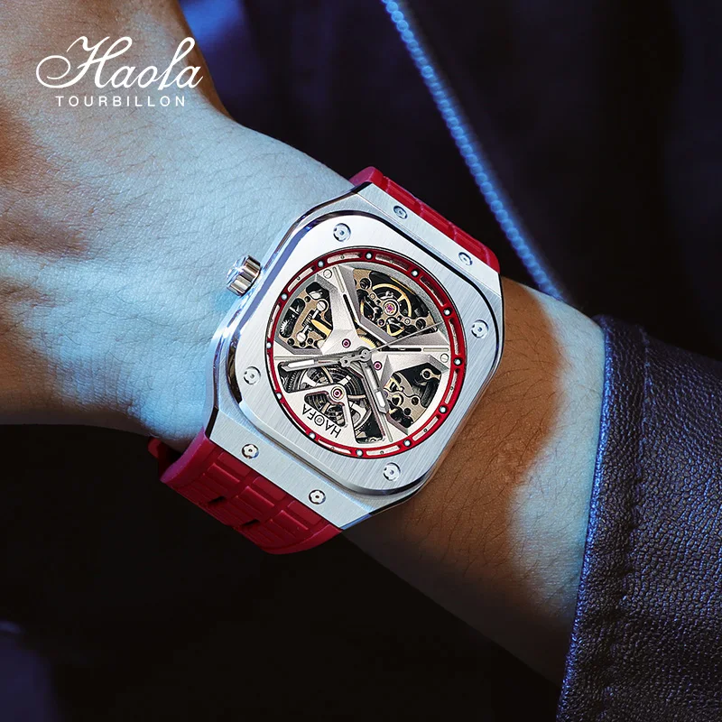 Haofa Square Automatic Mechanical Mens Watch Skeleton Movement Sapphire Watches for Men Luminous Luxury Wristwatch Business 1961