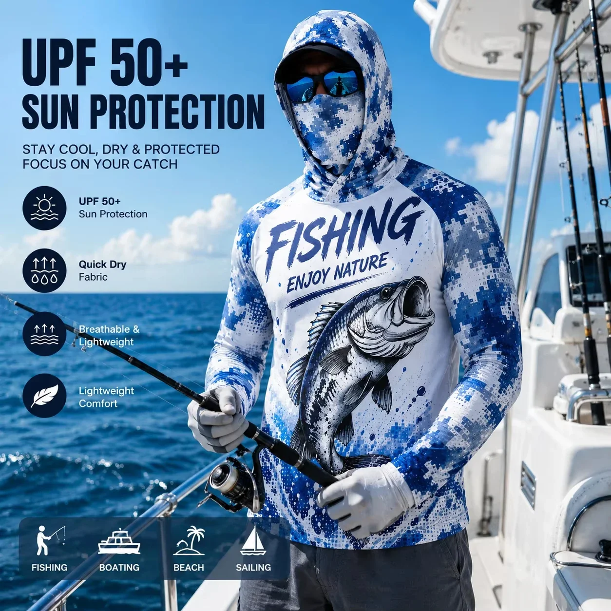 Men's UPF 50+ Blue Camo Bass Fishing Shirt with Face Mask Long Sleeve Quick Dry UV Protection Hiking Beach Outdoor Rash Guard