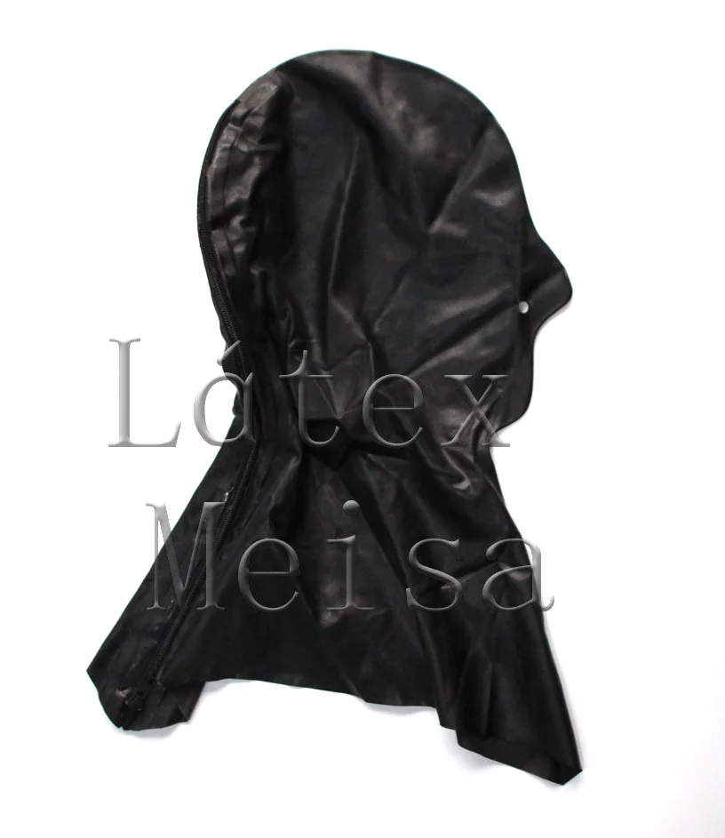 

Mold latex hoods black latex mask M size available and open holes with back zipper for adults
