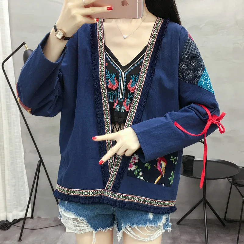 Chinese Style Cotton Linen Jacket Short Print Long Sleeve Patchwork Ethnic Embroidery Tops Women Vintage Tang Suit Cardigan New