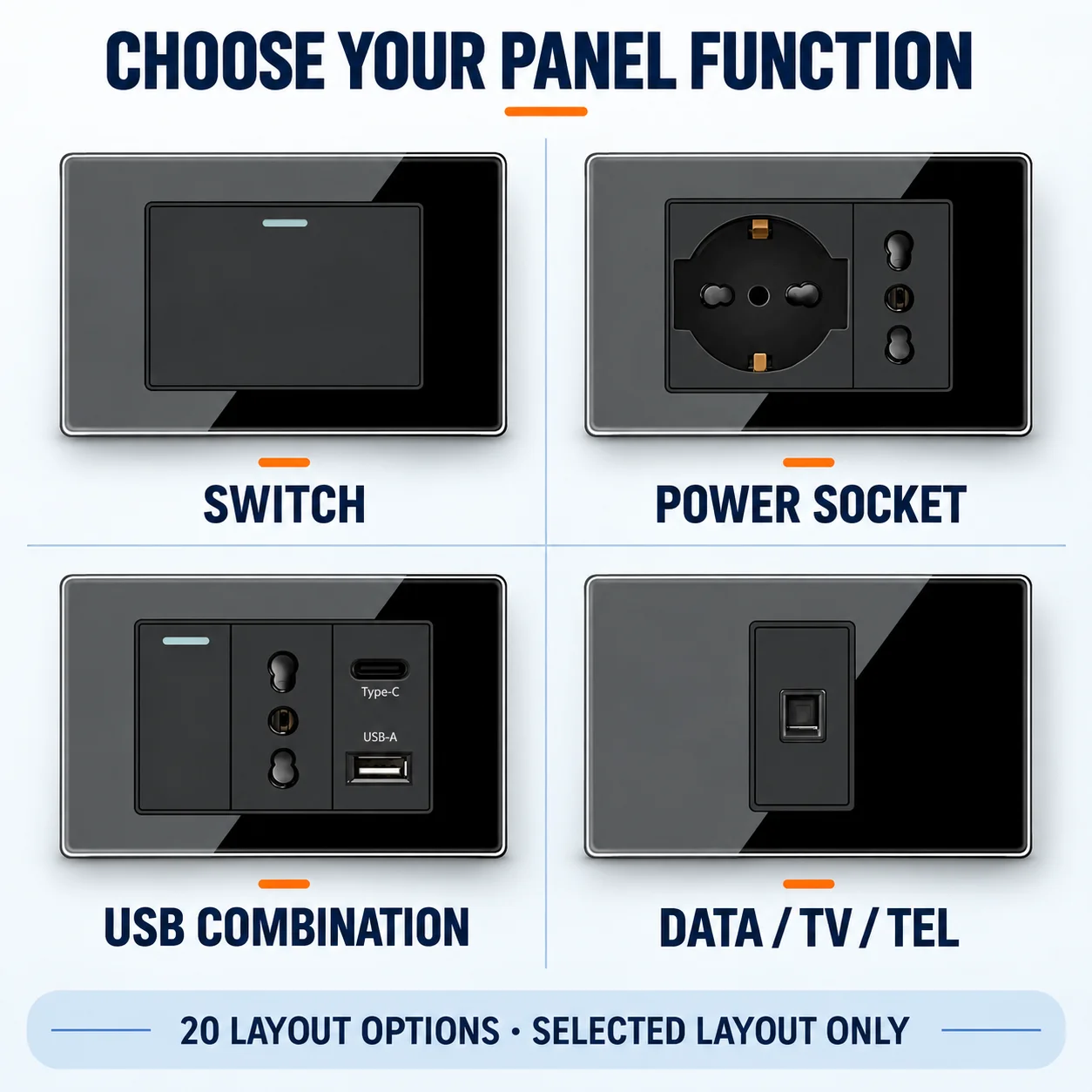 118x75mm Black Tempered Glass Wall Switch Socket Italy Schuko USB Type-C CAT5 CAT6 SAT TEL Modular Panel for Home Office