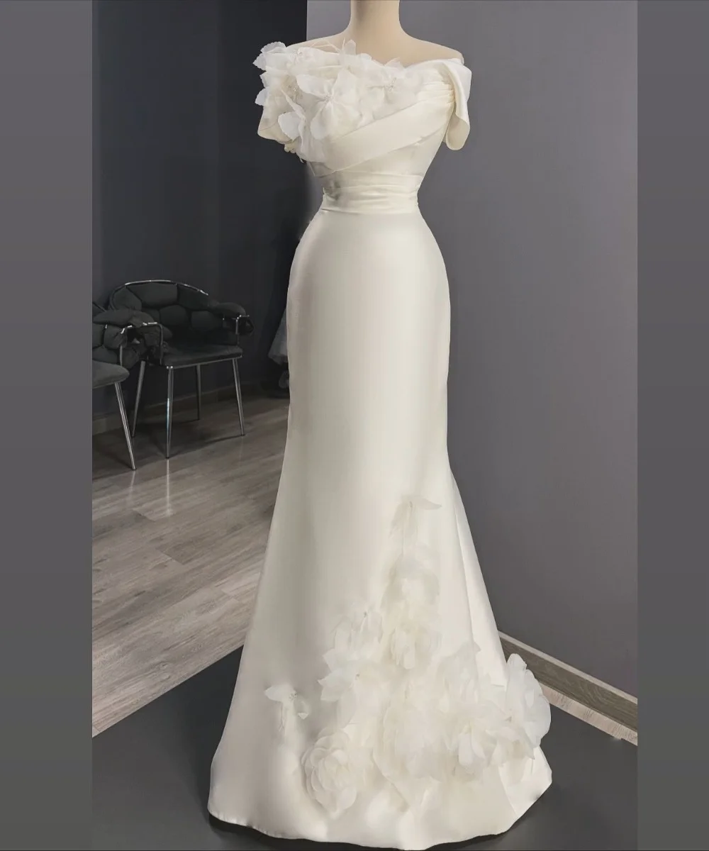 

Customized Matching Charmeuse Pleat Sequined Flower Trumpet Off-the-shoulder Long Dresses Bespoke Occasion High Quality