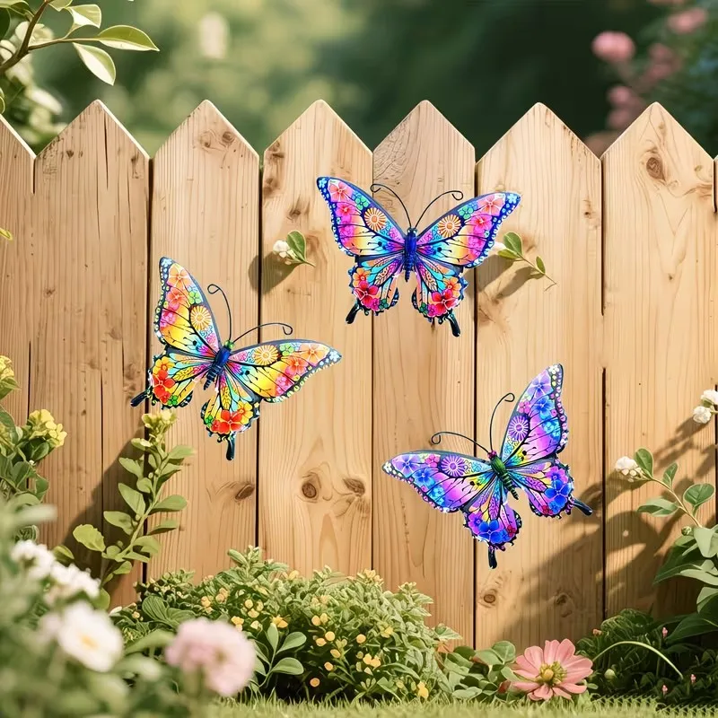 3pcs Colorful Metal Butterfly Statue Wall Decor, Suitable for Gardens, Courtyards, and Outdoor Fence Wall Art Decoration