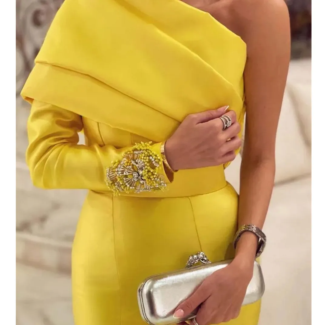 Glitter Yellow One Shoulder Beads Sequined Formal Long Prom Dress   Dubai Arabic Robe De Soiree Party Evening Gown